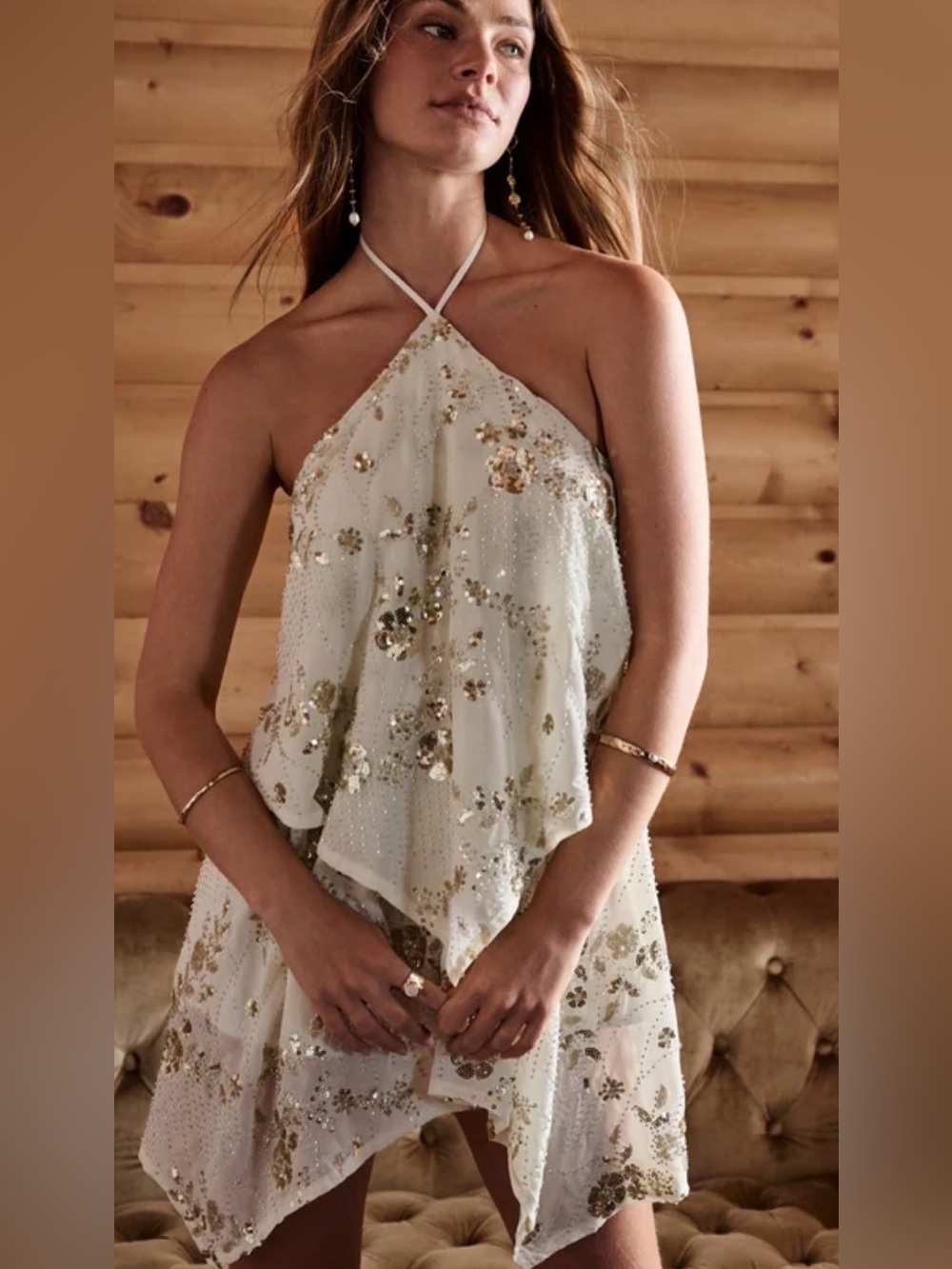Altard State Jamie Mini Sequin Halter Tiered Dress in Ivory and Gold